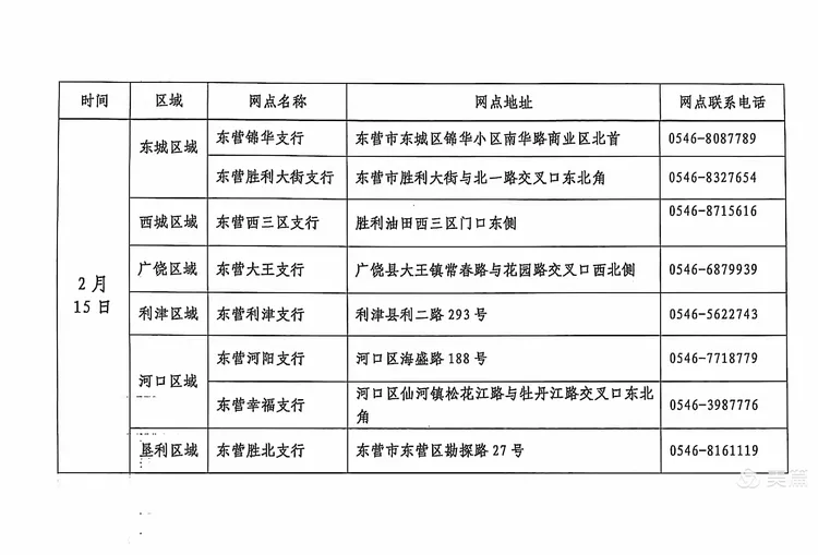 春节假期中国建设银行东营分行网点营业公告